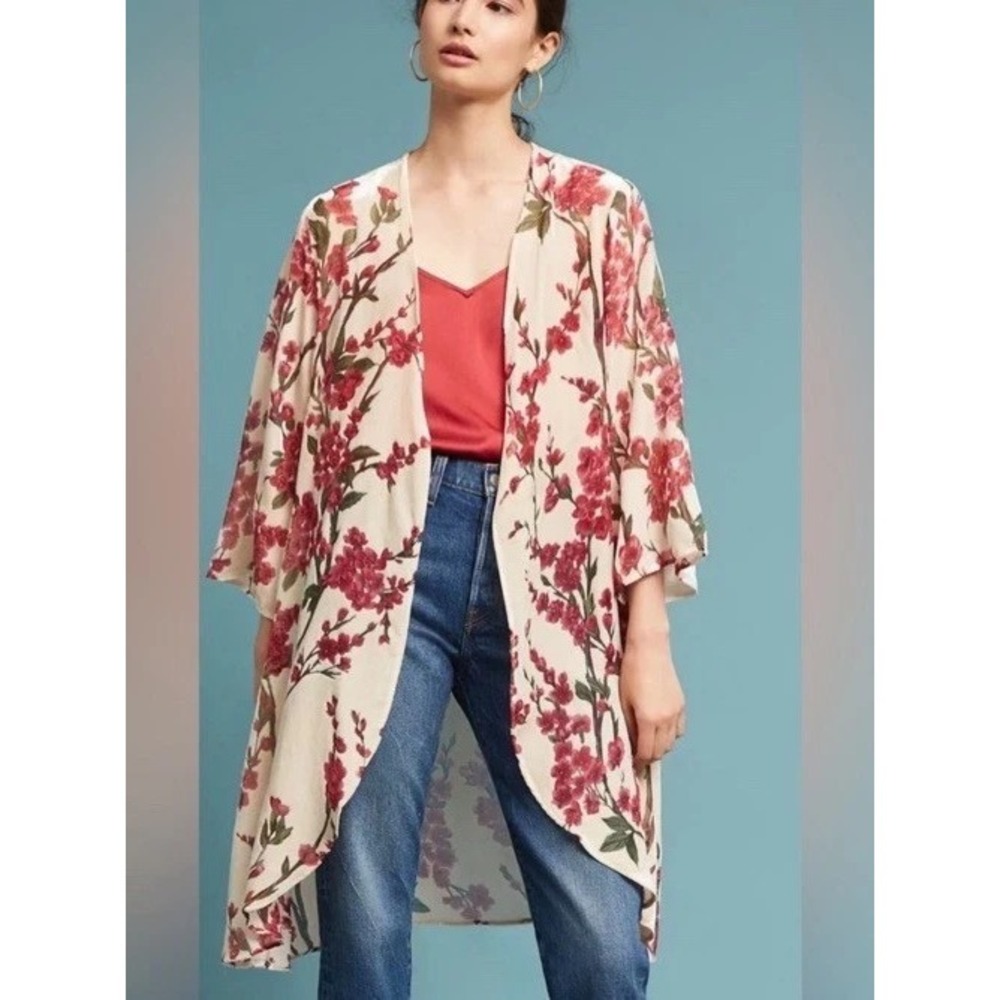 Anthropologie Floreat Floral Kimono Duster Boho Indie Velvet Cherry Blossom O/S